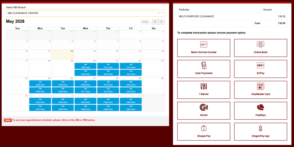 NBI Clearance sample branch selection page