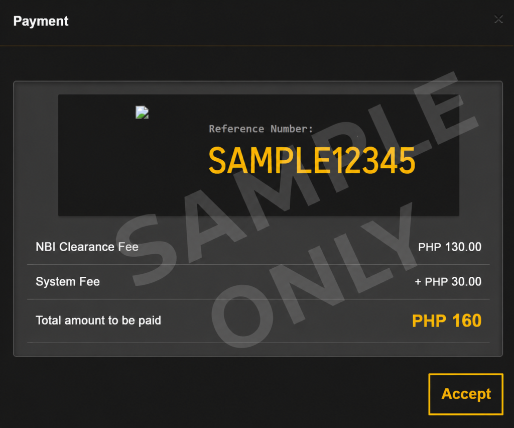 NBI payment page with reference number
