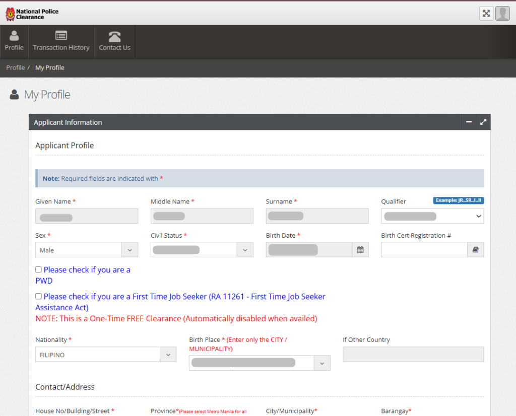 Police Clearance Registration page sample