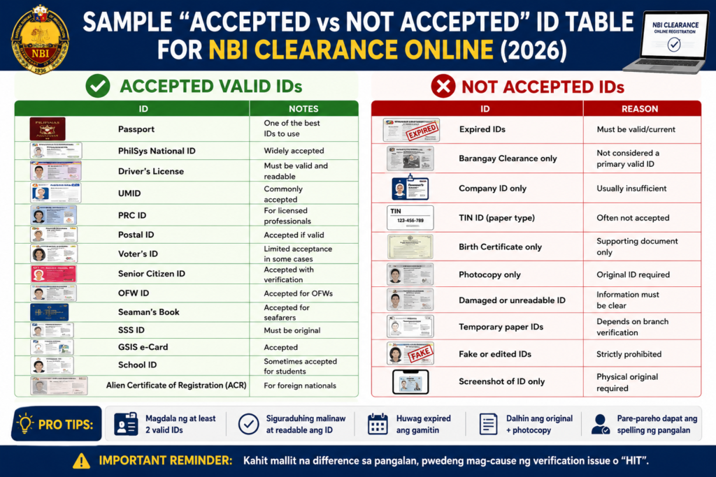 Sample “Accepted vs Not Accepted” ID table for nbi clearance Requirements