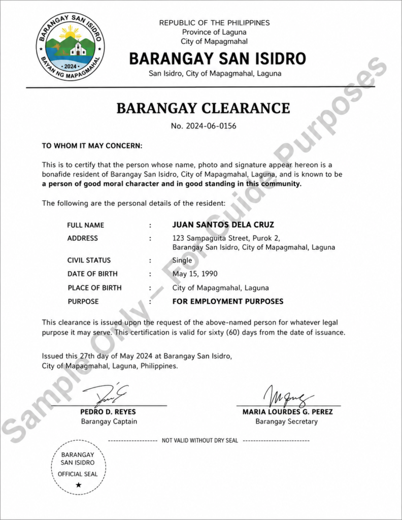 Sample Barangay Clearance document