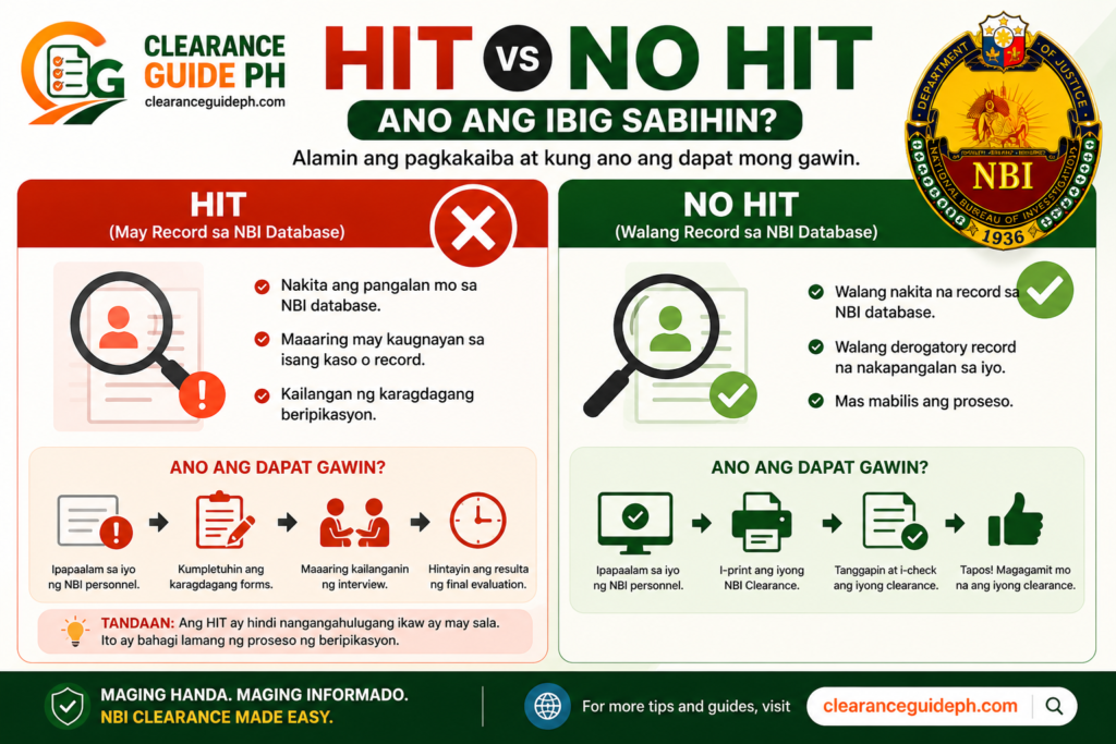 Sample “HIT vs No HIT” comparison for nbi clearance hit meaning