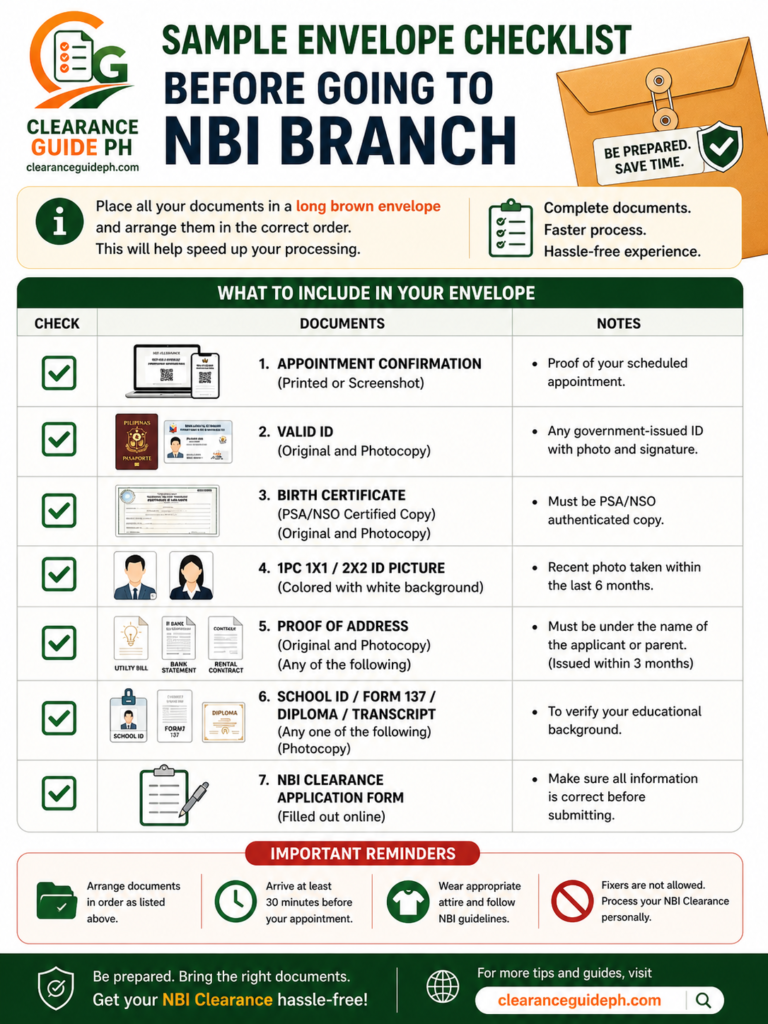 Sample envelope checklist before going to NBI branch