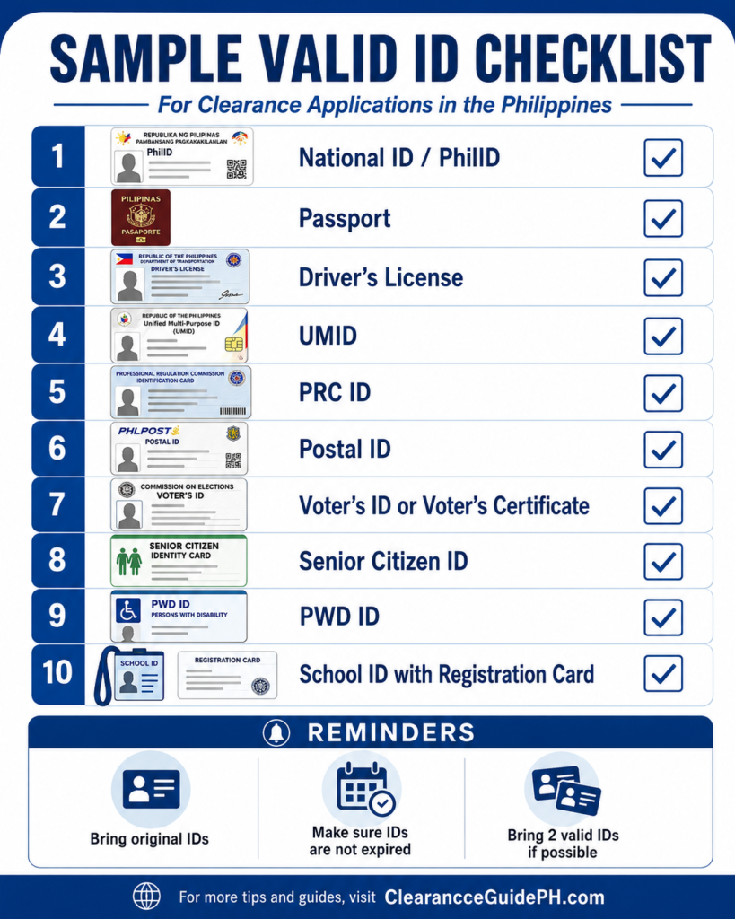 Sample valid ID checklist for Barangay clearance