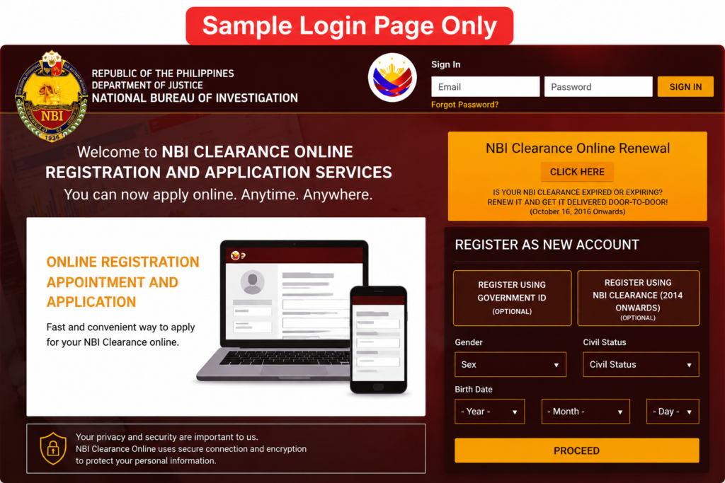 NBI appointment online login page with email and password fields “Sample Login Page Only”