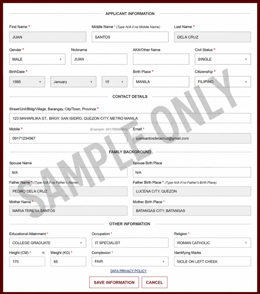 nbi appointment online sample personal information