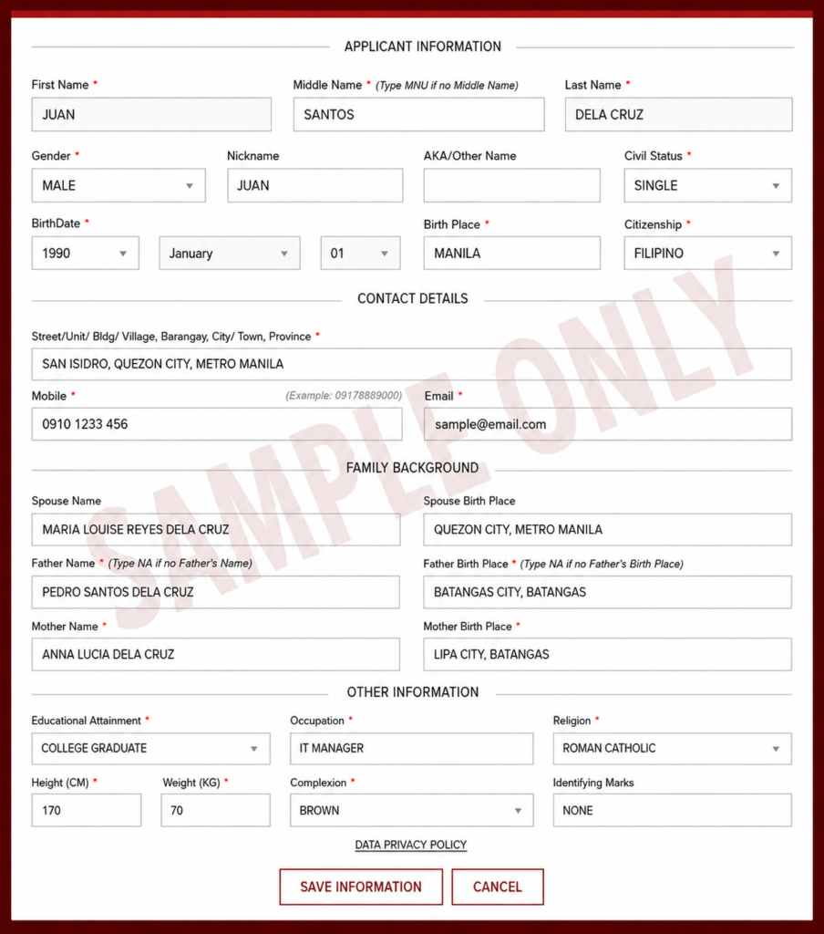 NBI Clearance Online sample applicant information