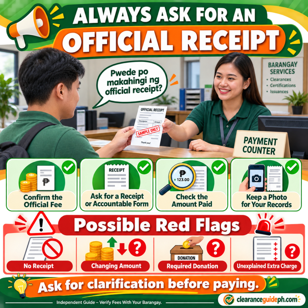 Official receipt reminder when paying a Barangay Clearance fee