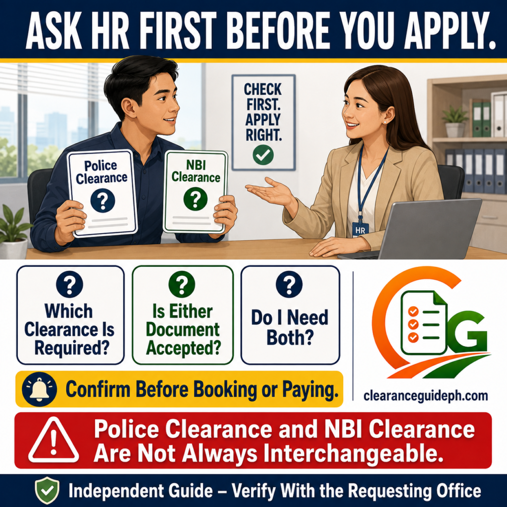 Ask HR whether Police Clearance or NBI Clearance is required
