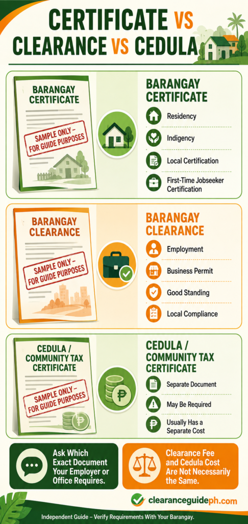 Difference between Barangay Certificate, Barangay Clearance, and Cedula fees and uses