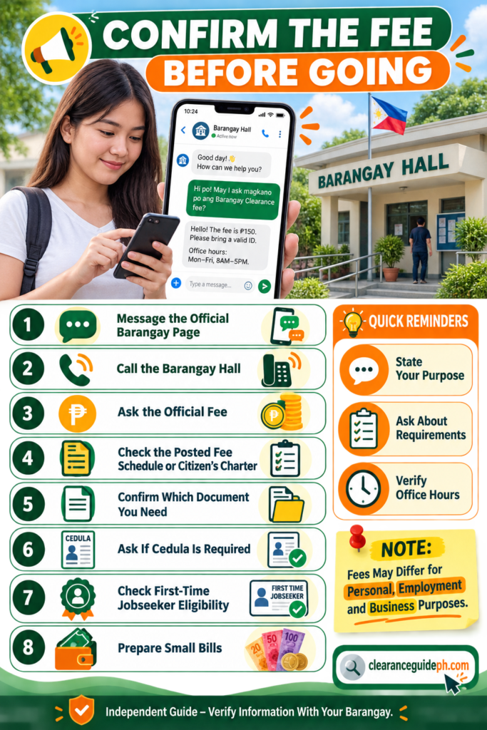 Checklist for confirming Barangay Clearance fees and requirements before visiting the barangay hall