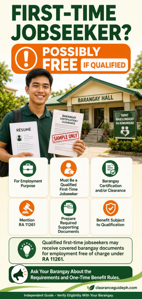 Free Barangay certification or clearance for qualified first-time jobseekers under RA 11261