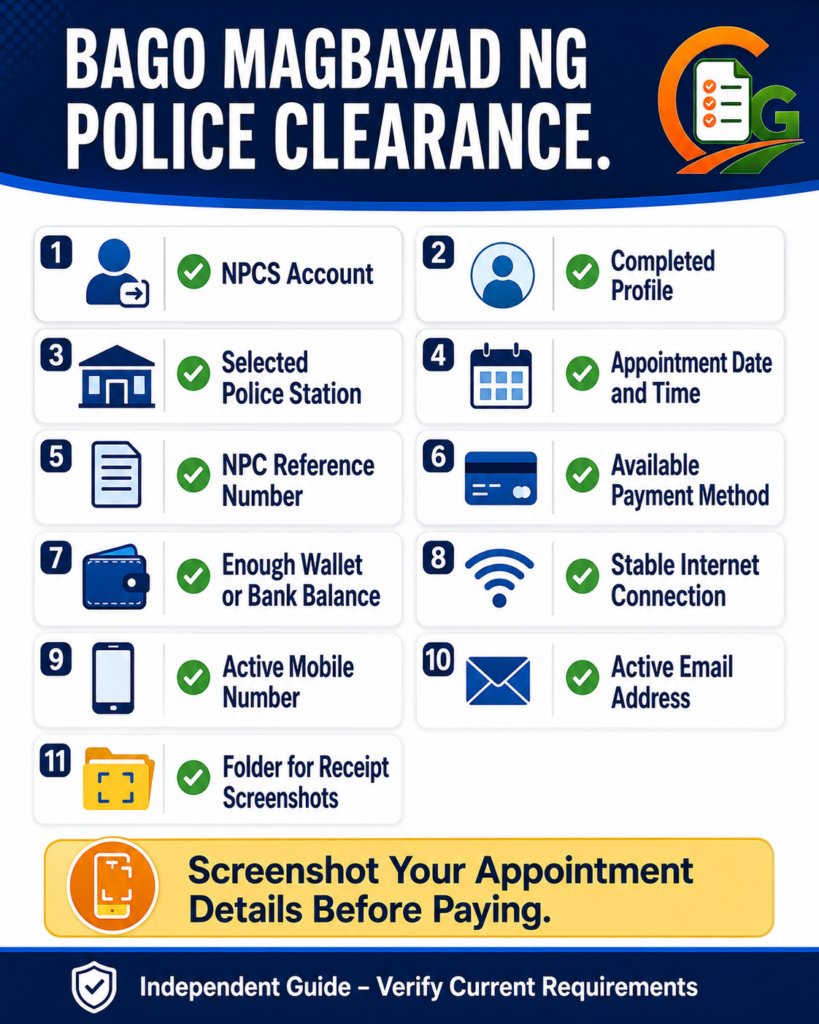 Checklist of requirements before paying Police Clearance online