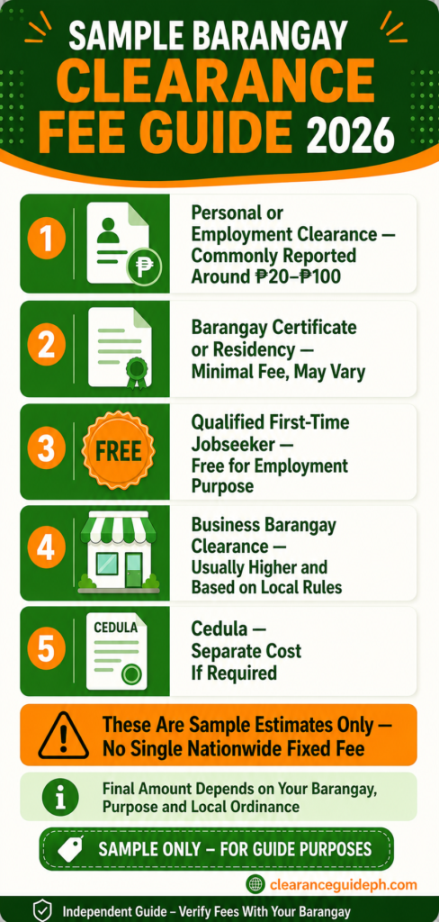 Sample Barangay Clearance fee ranges for personal, employment, business, and first-time jobseeker applications in 2026
